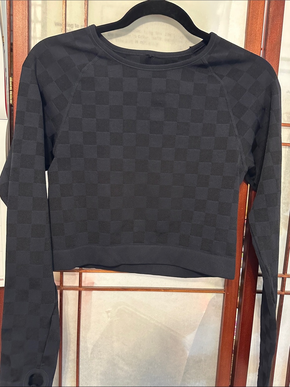 Checkerboard Black Crewneck Cropped Top Sweater with thumb holes.